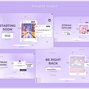Paquete de transmisión de Twitch, superposición animada de píxeles morados, alertas de pantalla Kawaii personalizables de Vtuber, transición de Stinger, decoración Y2K, chat pastel