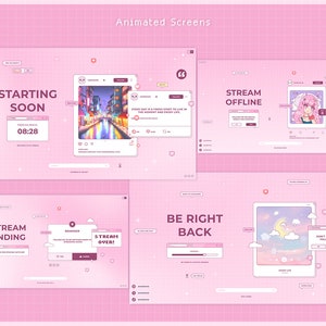 Pacote de transmissão Twitch, sobreposição de pixel rosa animado, alertas de tela Kawaii personalizáveis do Vtuber, pixel de transição Stinger, bate-papo pastel roxo