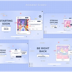 Twitch Stream Package, Animated Blue Purple Pixel Overlay, Vtuber, Customizable, Kawaii Screen, Alerts, Stinger, Transition, Pastel Chatting