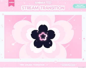 Op de afbeelding: Geanimeerd roze sakurabloem-overgangseffect voor streaming. Het effect is een roze bloem met een zwart midden en een gloeiend wit licht in het midden. De tekst "PINK SAKURA TRANSITION" staat onderaan de afbeelding. De tekst "1920 X 1080px" staat ook onderaan de afbeelding.