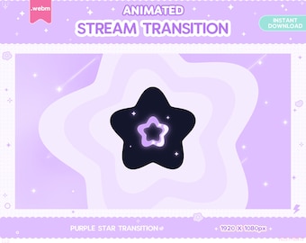 May include: Animated purple star transition for streaming, with a glowing star in the center. The transition is 1920 x 1080 pixels.
