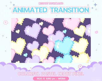 May include: An animated digital graphic with a dark purple background and pixelated pastel hearts in shades of pink, blue, yellow, and purple. Text reads "ANIMATED TRANSITION" and "COLORFUL PASTEL HEART PIXEL".