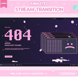 Twitch Animated Stinger Transition Pink Dark Glitch 404 Error Stinger Transition Stream Decor TV Signal LGBT Vtuber Black Y2K Kawaii Overlay