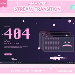 Twitch Animated Stinger Transition Pink Dark Glitch 404 Error Stinger Transition Stream Dekor TV Signal LGBT Vtuber Black Y2K Kawaii Overlay
