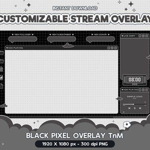 Twitch ストリーム パッケージ、時間と音楽プレーヤー付きの黒いピクセル オーバーレイ、カスタマイズ可能、かわいいチャット、かわいい、Twitch オーバーレイ、スクリーン、Vtuber