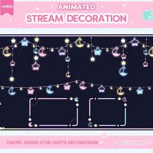 May include: Animated stream decoration with pastel moon and star lights. The design features a dark blue background with hanging pastel-colored moons and stars. The text "Animated Stream Decoration" is at the top, and "Instant Download" is in the upper right corner.