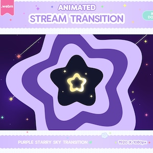 Puede incluir: Transición animada de cielo estrellado morado con una estrella amarilla brillante en el centro. La transición es de 1920 x 1080 píxeles.