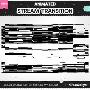 May include: Animated black and white digital glitch stinger transition with sound. The transition is 1920 x 1080 pixels.