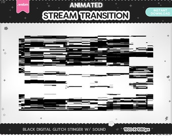 Może przedstawiać: Animowana czarno-biała przejściowa animacja glitch z dźwiękiem. Przejście ma rozdzielczość 1920 x 1080 pikseli.