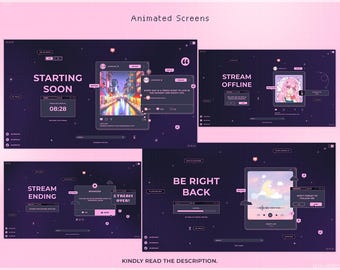 Twitch Stream Package, Animated Pink Pixel Overlay, Dark Purple Vtuber Customizable Kawaii Screen Alerts Stinger Transition Pastel Chatting