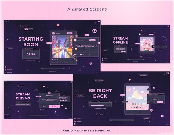 Twitch Stream Package, Animated Pink Pixel Overlay, Dark Purple Vtuber  Customizable Kawaii Screen Alerts Stinger Transition Pastel Chatting - Etsy