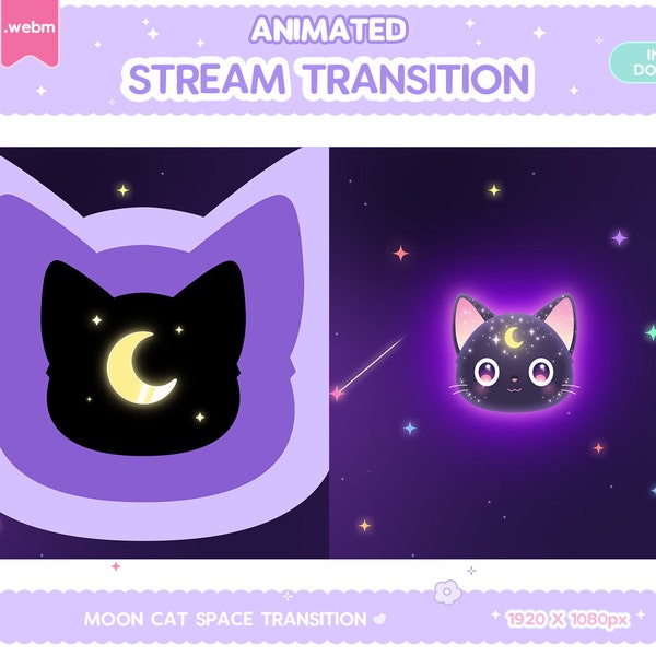 Twitch Animated Stinger Transition, Purple Moon Cat Starry Sky Stinger, Pastel Star Stream Glitch Kawaii Overlay Celestial Dark Space Black