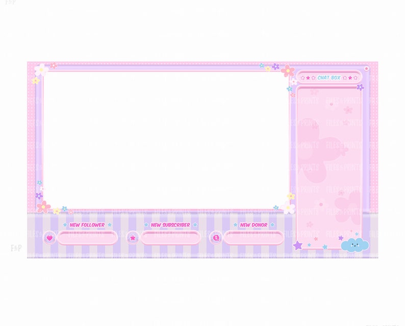 May include: A pink and purple Twitch stream overlay with a white background, a chat box, and sections for new followers, subscribers, and donors. The overlay is decorated with flowers and a cute cloud.