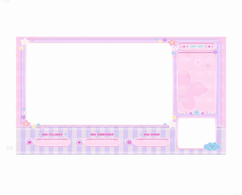 May include: A pink and purple Twitch stream overlay with a floral design. The overlay has sections for new followers, new subscribers, and new donors. It also includes a chat box and a space for a webcam.