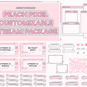 Twitch Stream Package, Peach Pixel Overlay, Customizable, Kawaii, Cute, Twitch Overlay, Screen, Alerts, Webcam, Transition, Animated, Vtuber