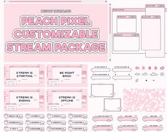 Twitch Stream Package, Peach Pixel Overlay, Customizable, Kawaii, Cute, Twitch Overlay, Screen, Alerts, Webcam, Transition, Animated, Vtuber
