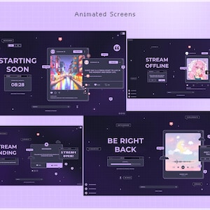 Paquete de transmisión de Twitch con superposición de píxeles morados animados, alertas de pantalla kawaii personalizables de Vtuber morado oscuro, transición de Stinger, chat pastel