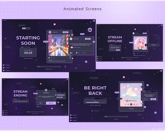 Twitch Stream Package Animated Purple Pixel Overlay, Dark Purple Vtuber Customizable Kawaii Screen Alerts Stinger Transition Pastel Chatting