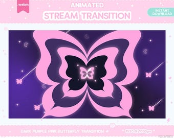 Twitch Animated Stinger Transition Dark Purple Pink Butterfly Stinger Transition Pastel Y2K Flower Stream Moon Star LGBT Kawaii Cute Overlay
