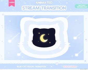 Twitch Animated Stinger Transition, Blue Cat Moon Stinger Transition Star Pastel Stream Decor Heart Space LGBT Christmas Kawaii Cute Overlay