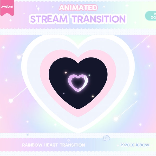 Twitch Animated Stinger Transition, Rainbow Heart Stinger Transition Pastel Stream Decor Glitch Moon LGBT Valentines Kawaii Cute Overlay Y2K