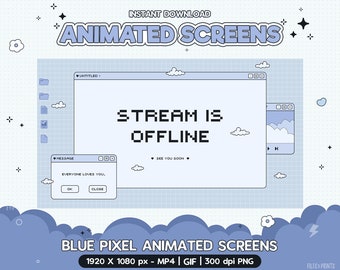 Twitch Animated Screen Blue Pixel, Stream Screens, Streamer Graphics, Kawaii, Cute Twitch Overlay, Screens, Gamer Girl Boy, Vtuber Gaming