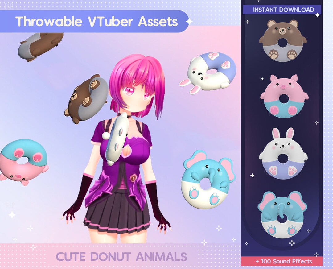 4 Throwable Vtuber Assets, T.I.T.S, Twitch Integrated Throwing System, 3D Cute Donut Animals