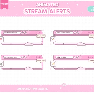 Pode incluir: Alertas de stream animadas cor-de-rosa para Twitch ou YouTube. As alertas estão em formato webm e incluem alertas de novos seguidores, novos subscritores, novas doações e novos aplausos.