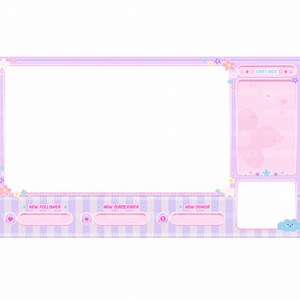 May include: A purple and pink streamer overlay with a floral design. The overlay has sections for new followers, new subscribers, and new donors. It also has a chat box with a pink background and a white cloud with a smiley face.