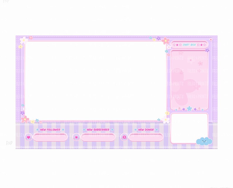 May include: A purple and pink streamer overlay with a floral design. The overlay has sections for new followers, new subscribers, and new donors. It also has a chat box with a pink background and a white cloud with a smiley face.