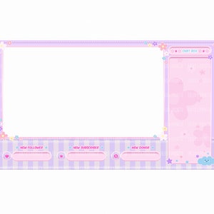 May include: A purple and pink streamer overlay with a white background, a chat box, and sections for new followers, subscribers, and donors. The overlay is decorated with flowers and a cute cloud.