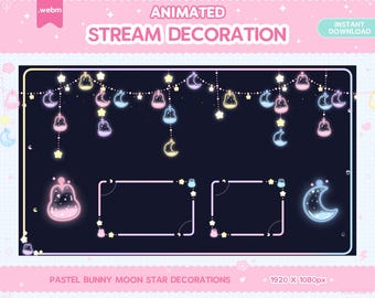 ANIMATED Bunny Moon Star Background Christmas Light Decoration Stream Vtuber Assets Webcam Add-On Overlay Kawaii Cute Decor Pink Purple