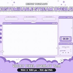 Twitch Stream Package, Violet Pixel Overlay w Time and Music Player, Customizable, Kawaii just chatting, Cute, Twitch Overlay, Screen,Vtuber