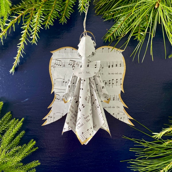 Gold Glitter Tipped Sheet Music Christmas Angel Ornament made from Hymn Book Pages Doxology Crafts