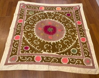 Vintage Suzani Samarkand Cotton Hand Embroidered Table Cover ,Wall Hanging