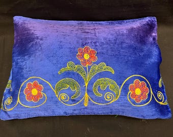 Vintage Uzbekistan Velvet Embroidered Pillow, Floral Silk Accent (20x14)