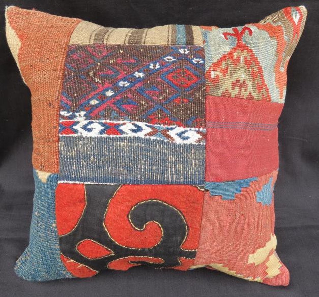 Antique Anatolian Patchwork Rug Pillow Pure Wool Natural Dyes 45x45 Cm ...