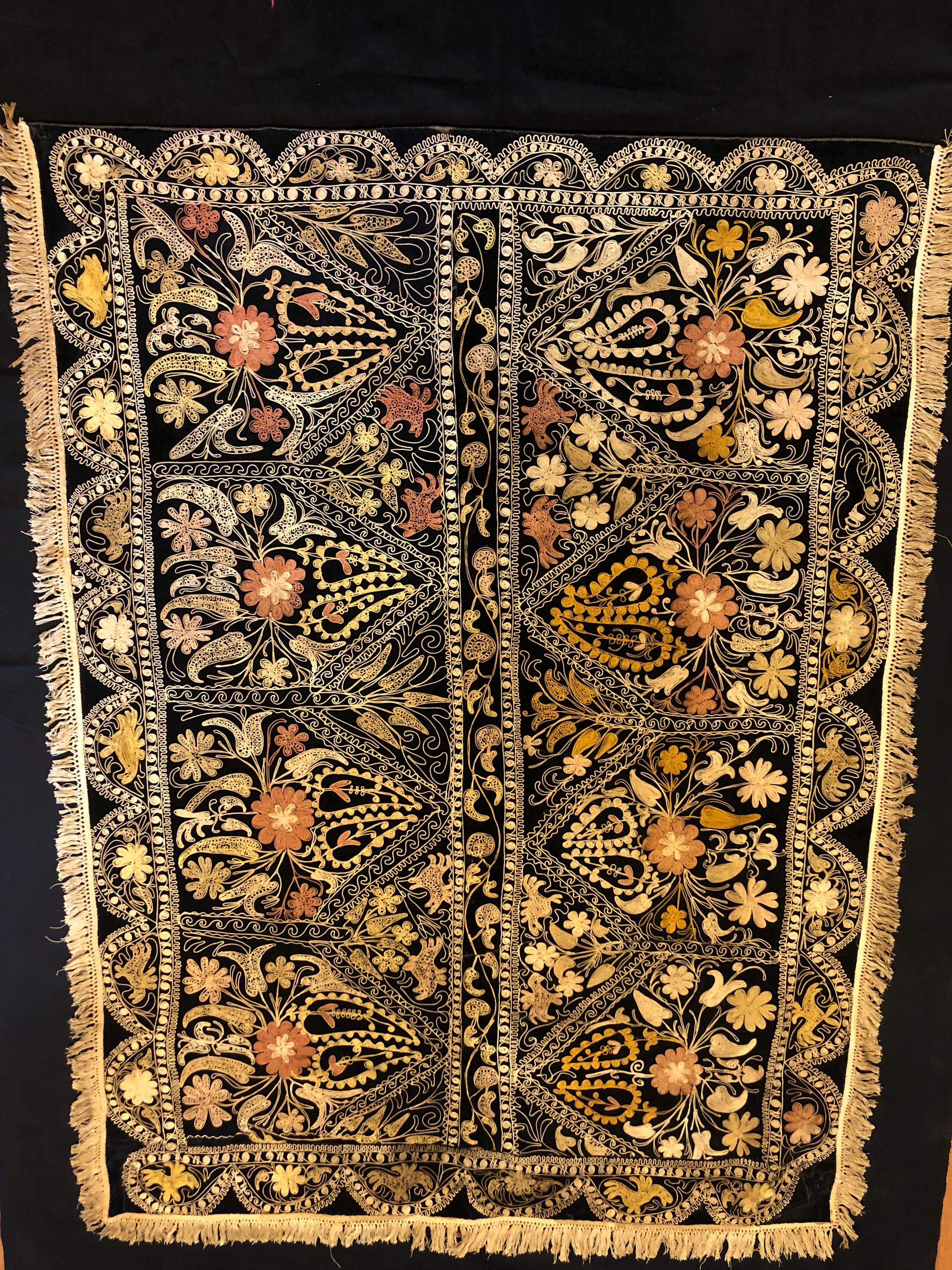 Antique Kyrgyzstan Silk Embroideri Textile on Velvet With Lakai