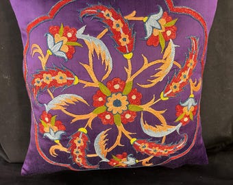 Modern Silk Embroidered Suzani Pillowcase, Uzbek Cushion Cover (20x20 in)