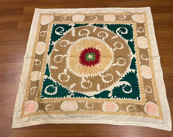 May include: A square, beige textile with an intricate, symmetrical design. The central motif is a circular pattern in tan, red, green, and cream. The border features repeating floral-like shapes in pink and tan. The textile is likely a decorative piece.