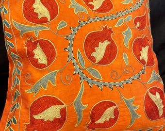 Modern Silk Embroidered Suzani Pillowcase, Uzbek Cushion, Orange Pomegranate Design