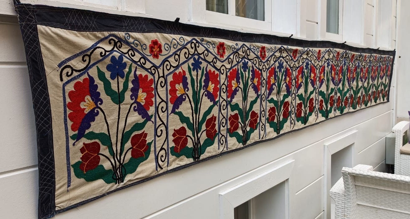 Vintage Tajikistan Silk Embroidery Wall Hanging, Floral Suzani