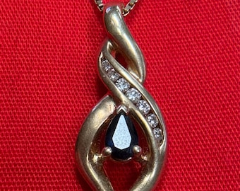 Vintage 14k Gold Necklace with Sapphire and Diamonds Pendant