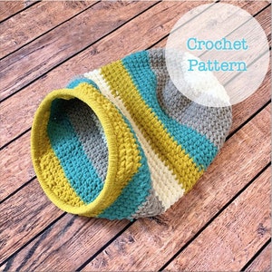May include: Crochet pattern for a striped pet bed in yellow, teal, grey, and white.