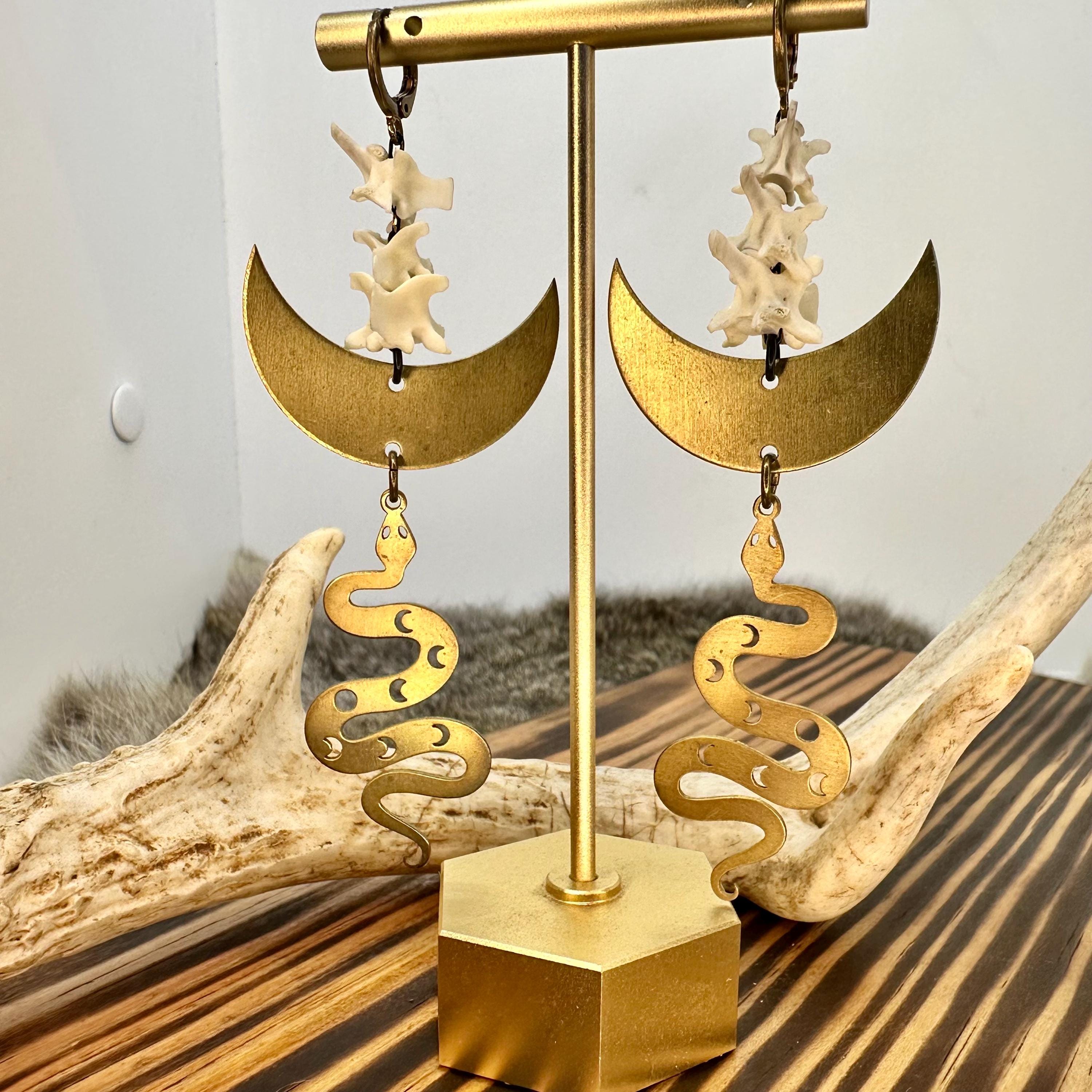 Lunar Serpent - Brass and Bone Earrings