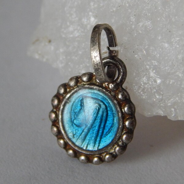 Medalla de la Virgen María de esmalte azul vintage n.° 263