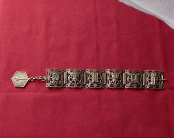 Art Deco Paris France Bracelet, Panels of City, Antique Silver Plate