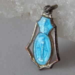 Antique Art Deco Blue Enamel Miraculous Medal with Christ #162