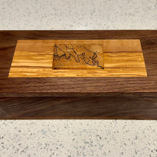 Stunning handmade keepsake box with black walnut, olive and spalted maple wood