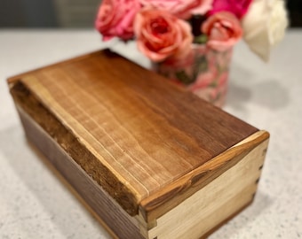 handcrafted wooden keepsake box with live edge black walnut and maple wood